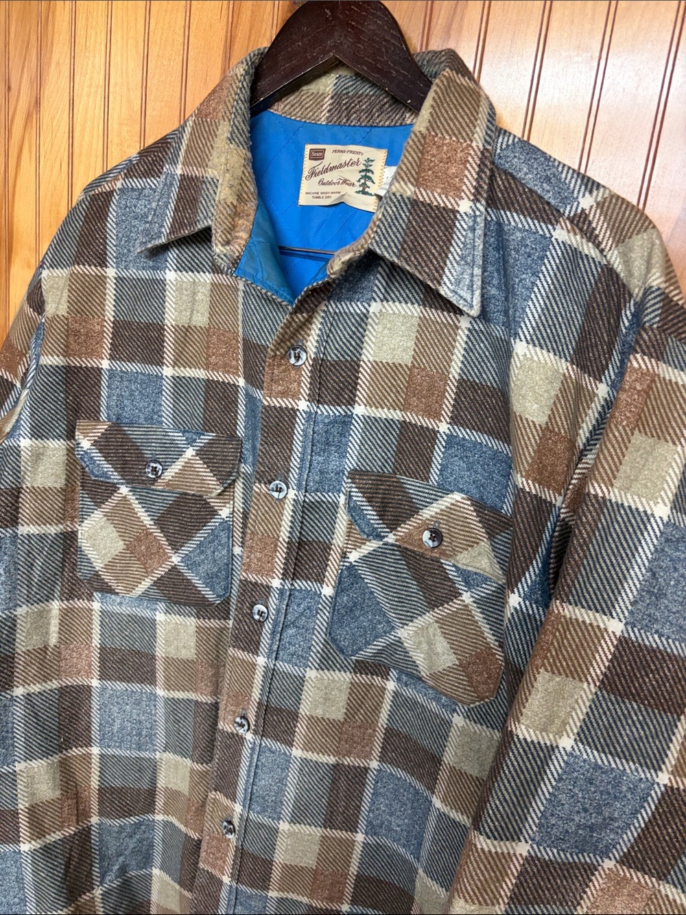 Vintage Sears Fieldmaster Quilted Plaid Flannel Shirt Jacket Blue Brown XLarge